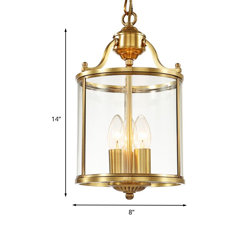 Cylinder Chandelier Lighting Minimalist Clear Glass Brass 3 Bulbs Hanging Ceiling Light, 8"/12" Wide