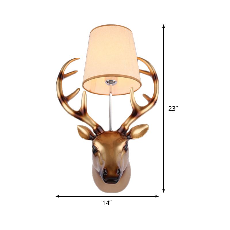 1 Light Elk Wall Lamp Country Bronze Resin Sconce Light Fixture for Dining Room with Cone Fabric Shade