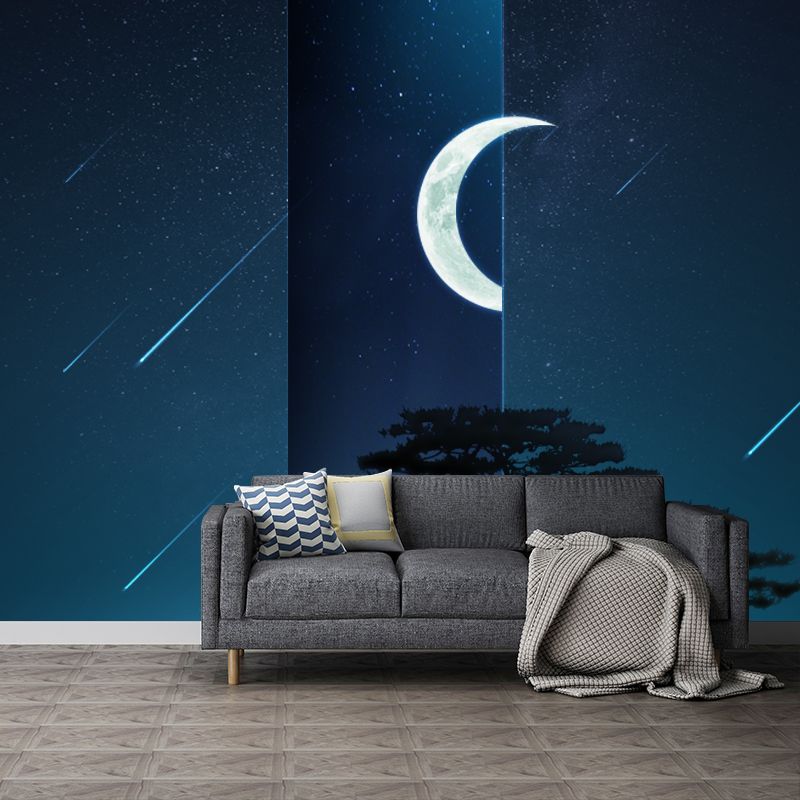 Fictional Meteor Night Sky Mural for Bedroom Full Size Wall Covering in Blue-White