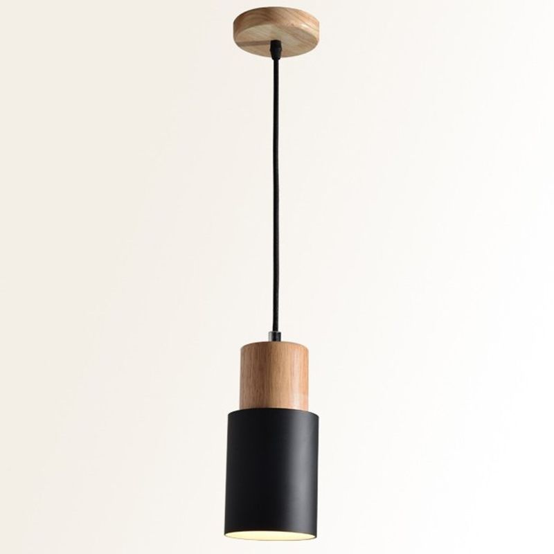 Modern Concise Single Pendant Light Wooden Cylindroid Macaron Hanging Lamp with Wrought Iron Shade