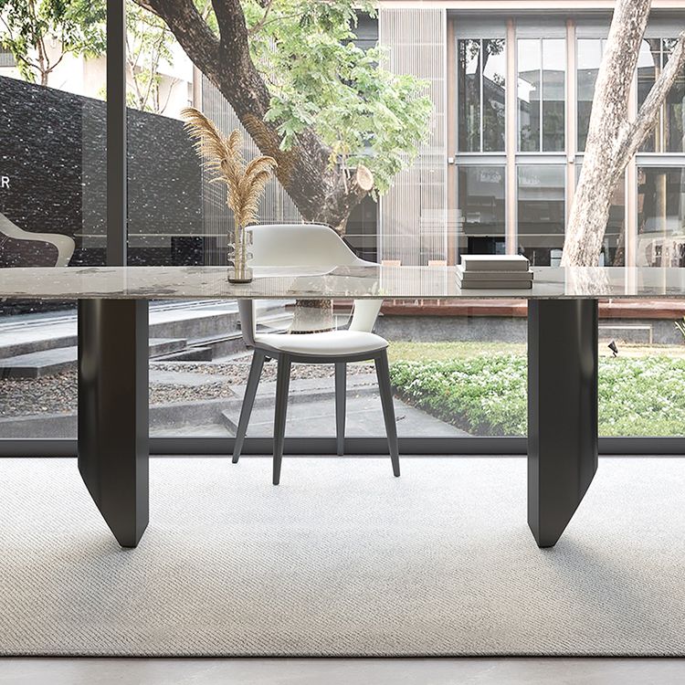Mesa de comedor contemporánea rectángulo mesa de piedra sinterizada blanca con base de metal negro
