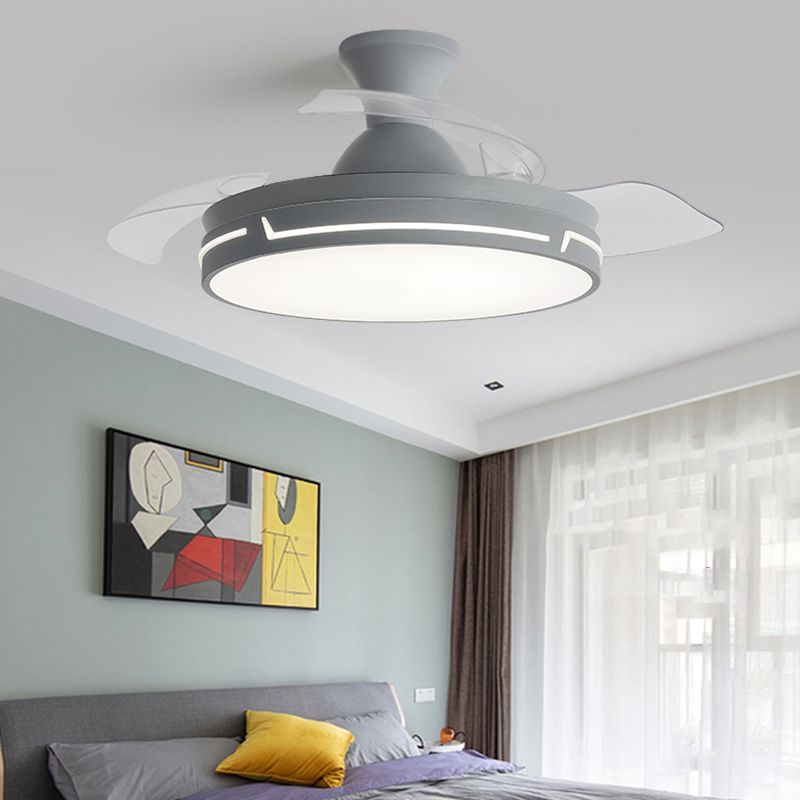 Nordic Drum Shade Fan Lamp Living Room LED Semi Flush Light with 3 Invisible Blades