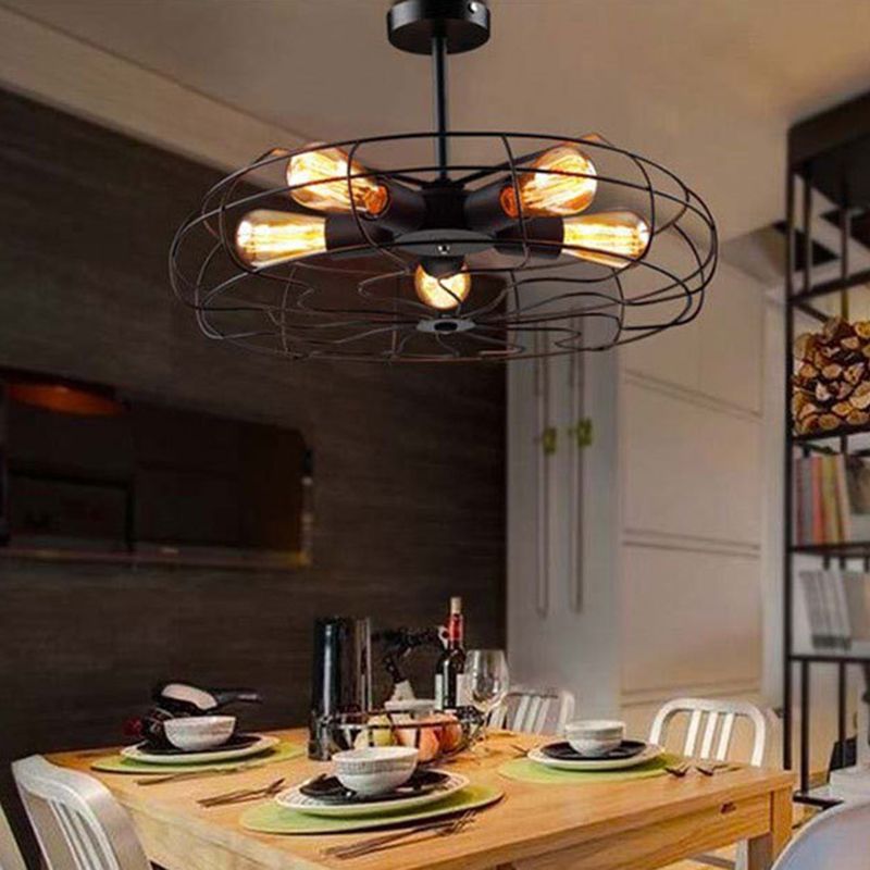Montaje semi descarga negro de 5 luces en estilo industrial Luz de techo de hierro forjado para lugar comercial