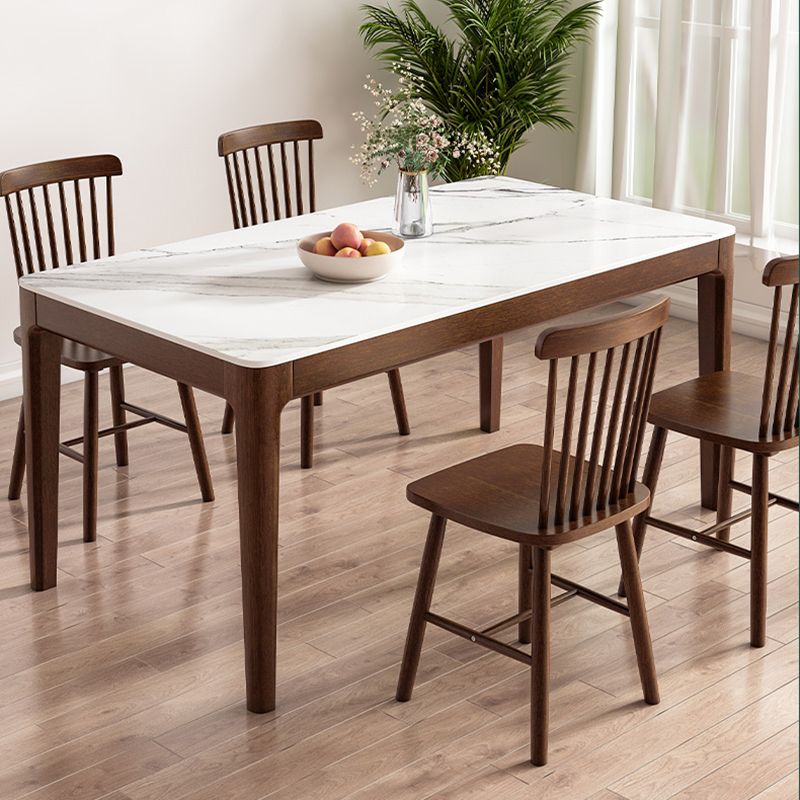 Modern Rectangular Stone Top White Dining Table with 4 Brown Rubberwood Legs