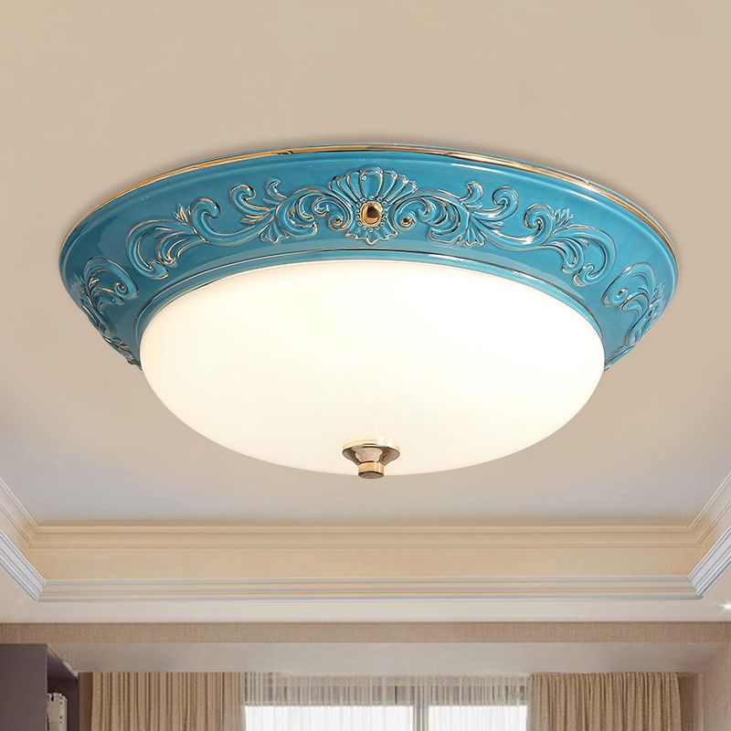 Oblong Bedroom Flush Mount Light Antiqued White Glass Yellow/Blue/Light Blue LED Flush Lamp, 12"/14.5"/17" Wide