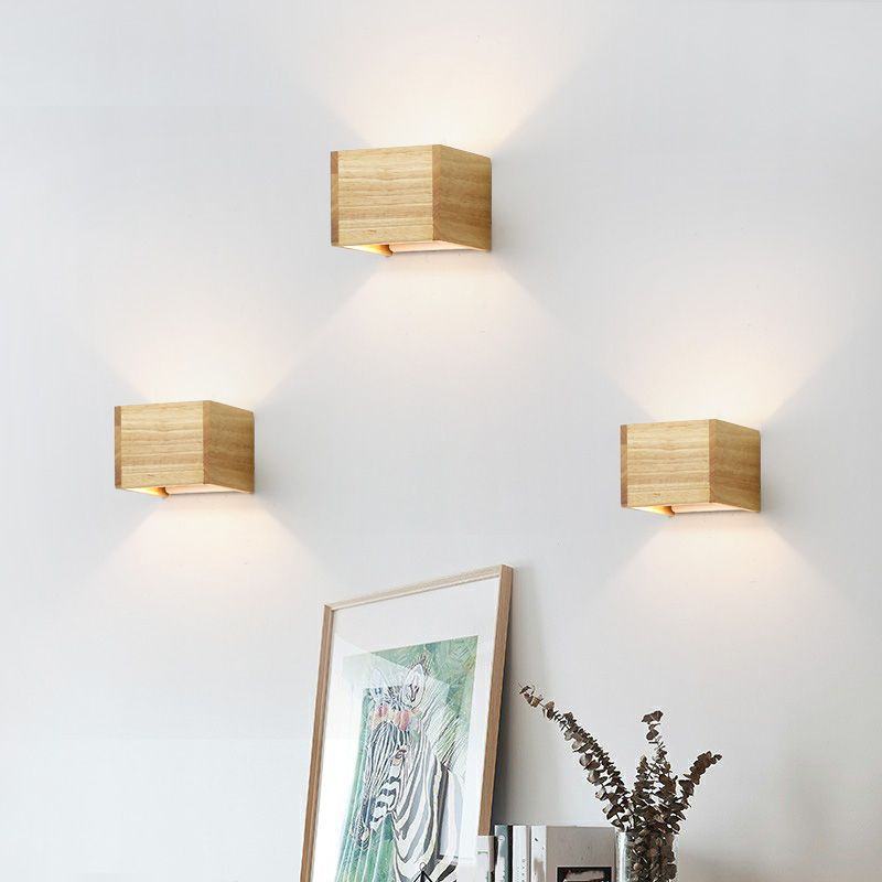 Nordic Style Wood Wall Light Cube Shape 4.5" Wide Wall Sconce for Bedroom