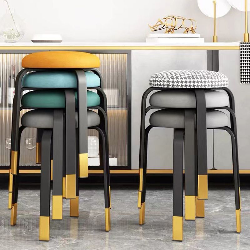 Modern Ottoman Fabric Upholstered Solid Color Metal Frame Round Ottoman