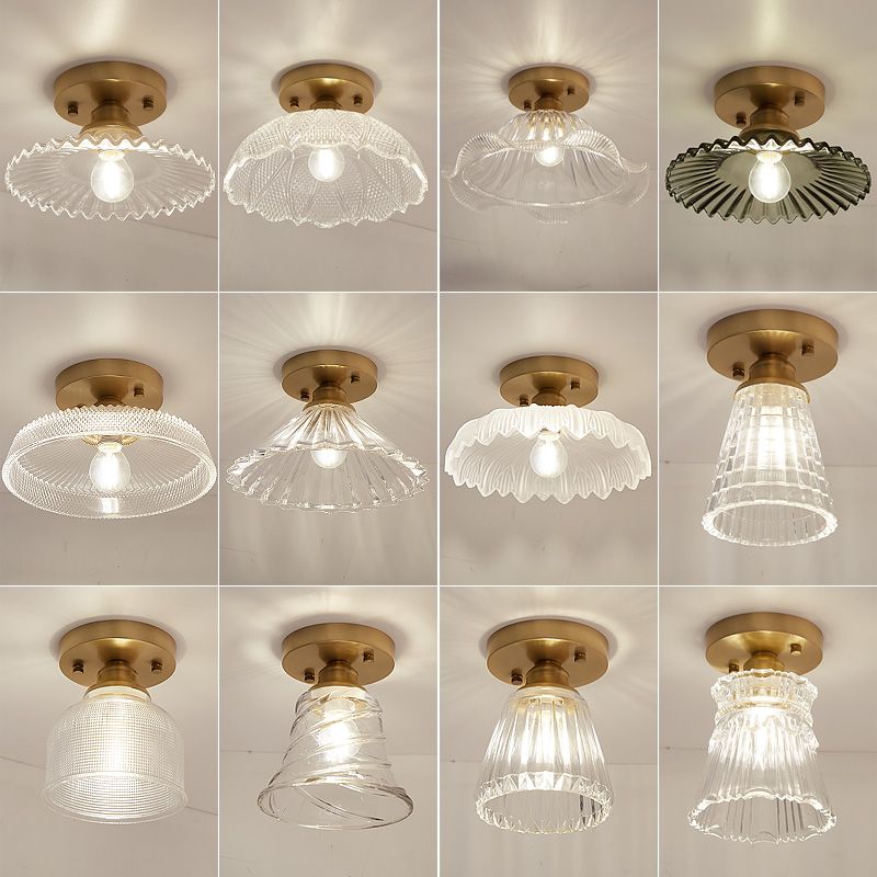 Industrial Small Ceiling Light Fixture 1-Light Textured Glass Semi Flush Mount in Brass for Aisle