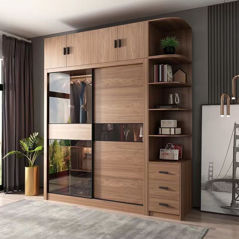Modern Bedroom Wooden Storage Cabinet Sliding Doors Armoire with Glass Doors