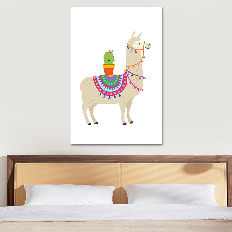 Kids Cute Alpaca Wrapped Canvas for Children Bedroom Wall Art Decor in White, Multiple Sizes