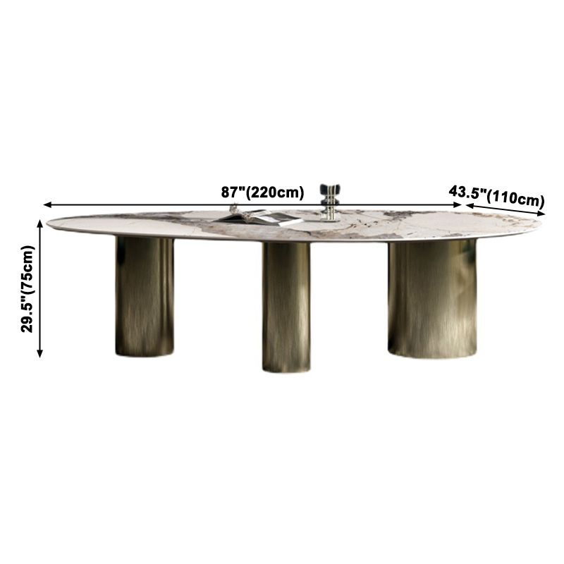 Oval Sintered Stone Dining Table Luxury Table in White with Metal 3 Legs