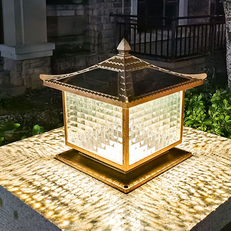1-Light Pillar Lamp Square Solar Lighting Fixture with Glass Shade for Garden