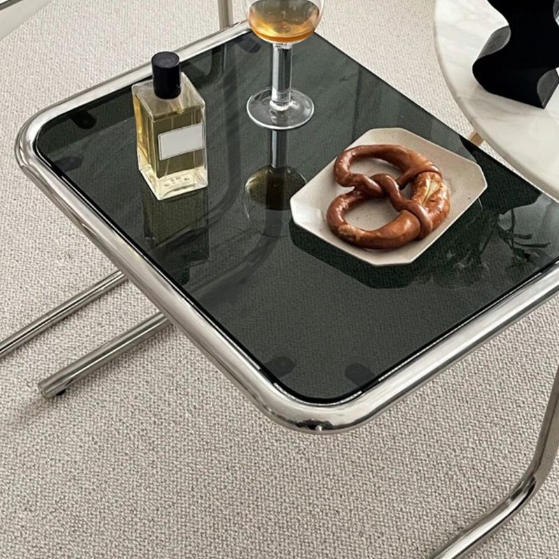 Contemporary Sled Glass Metal Side Table Rectangular Bedside End Table