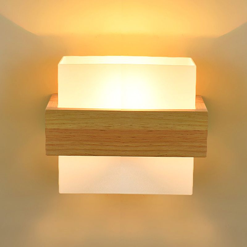 Log Color Rectangular Wall Lamp in Modern Simplicity Wooden Indoor Wall Light with Glass Shade