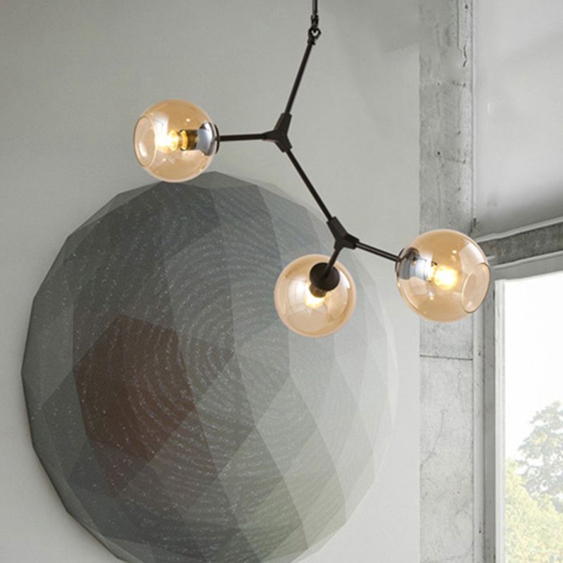 Amber open glas orb kroonluchter woonkamer 3 lichten modern hanglamp in het zwart