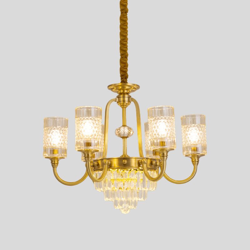 6-licht pijlerhangende kroonluchter postmoderne gouden gestructureerde glazen hanglamp met gelaagde kristalprisma