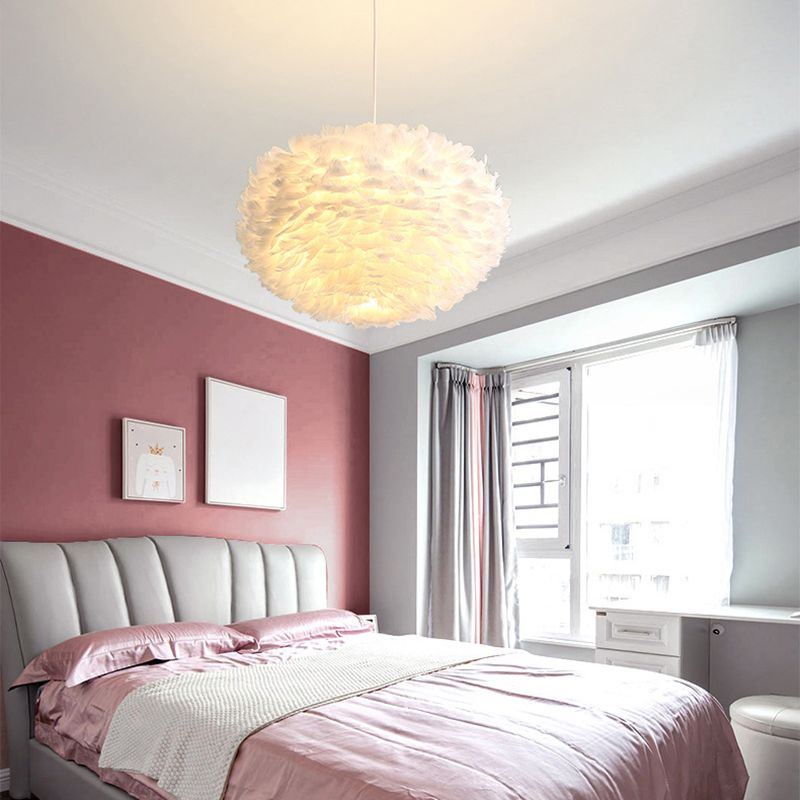 Feather White Hanging Lamp in Modern Style Round Shaped Indoor Pendant Light