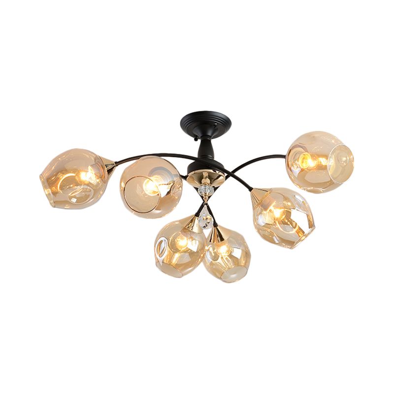 3/6 Lights Bedroom Semi Flush Mount with Cup Shape Amber/Blue Glass Shade Modernist Black Led Semi Flush Ceiling Fixture