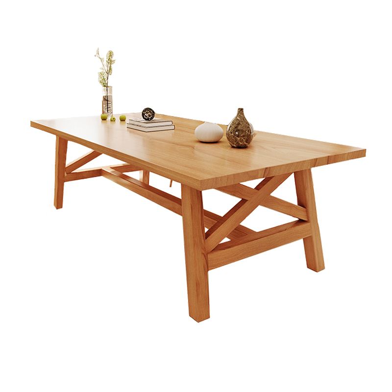 Eenvoudige dennen vaste houten eettafel rechthoekige tafel in houten kleur met vier veter