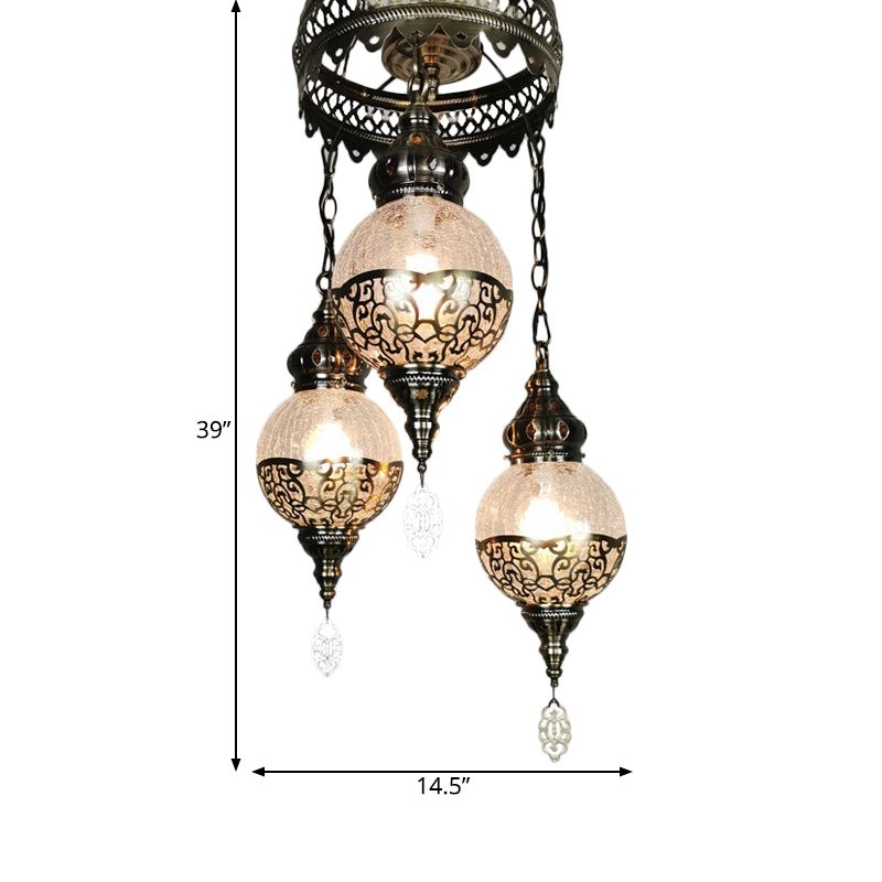 3 Heads Chandelier Lighting Traditional Globe Crackle Glass Hanging Ceiling Light in White/Bronze