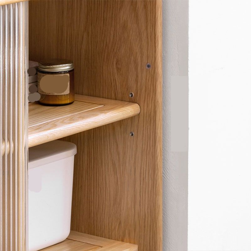 Natural Solid Wood Grooves Glass Paned Living Room Accent Cabinet with Shelves