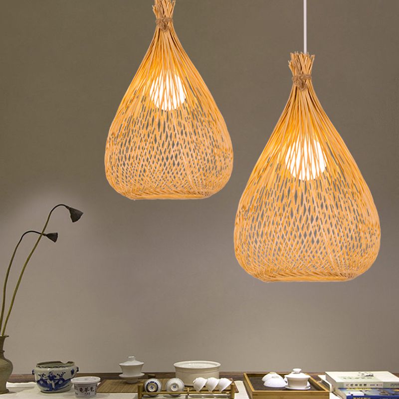 Beige Teardrop Shade Down Lighting Japanese Single Light Hand-Woven Bamboo Pendant Light for Restaurant