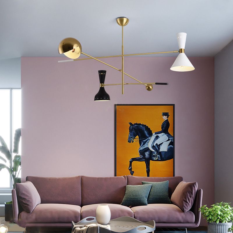 Postmodern 3-Light Chandelier Brass-White-Black Sputnik Hanging Light with Metal Shade