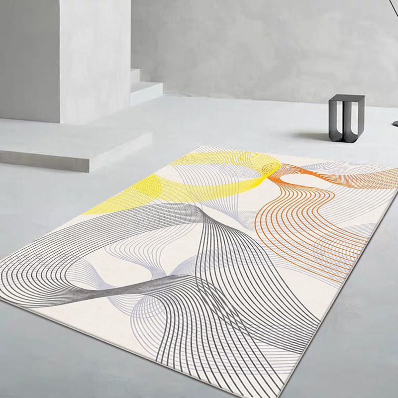 Modernist Swirl Stripe Pattern Rug Grey and Yellow Polyester Rug Non-Slip Backing Washable Pet Friendly Carpet for Home