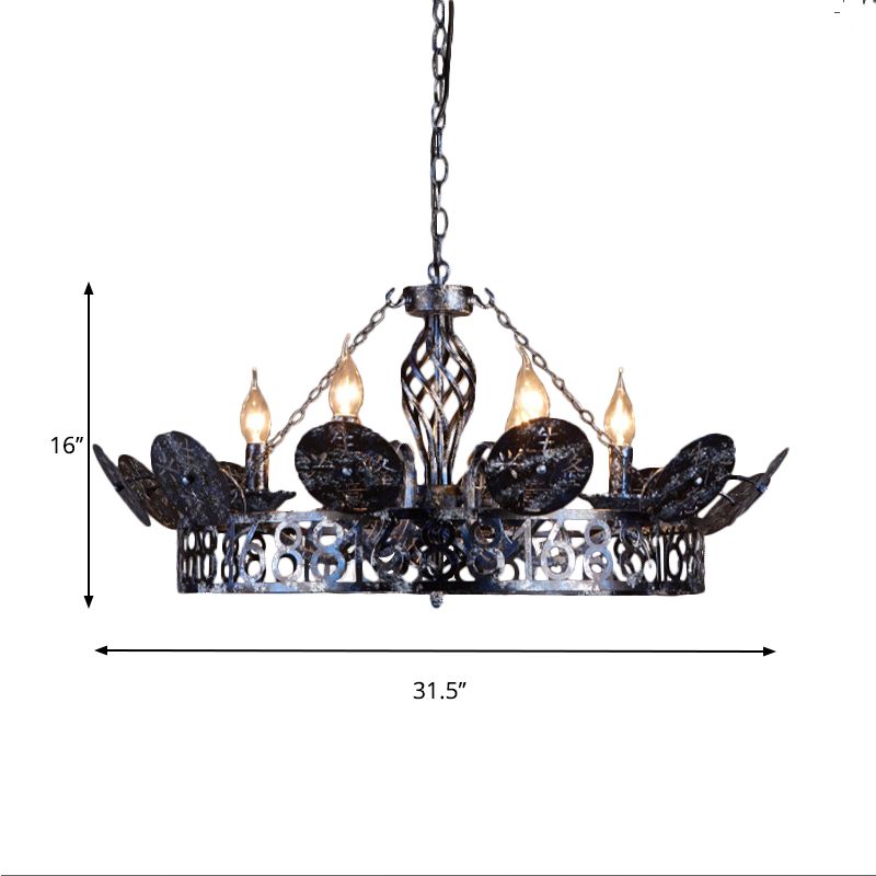 6-Light Wagon Wheel Chandelier Light Traditional Black Metal Suspension Pendant for Cafe