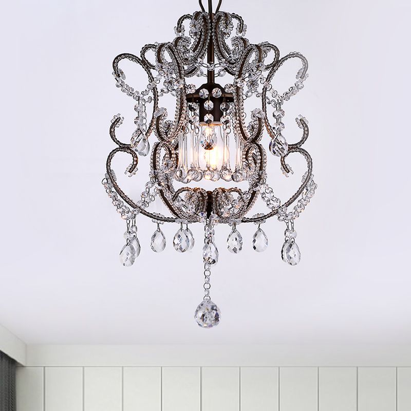 1-Head Lantern Down Lighting Contemporary Beveled Crystal Suspension Light in Champagne/Coffee with Curvy Arm