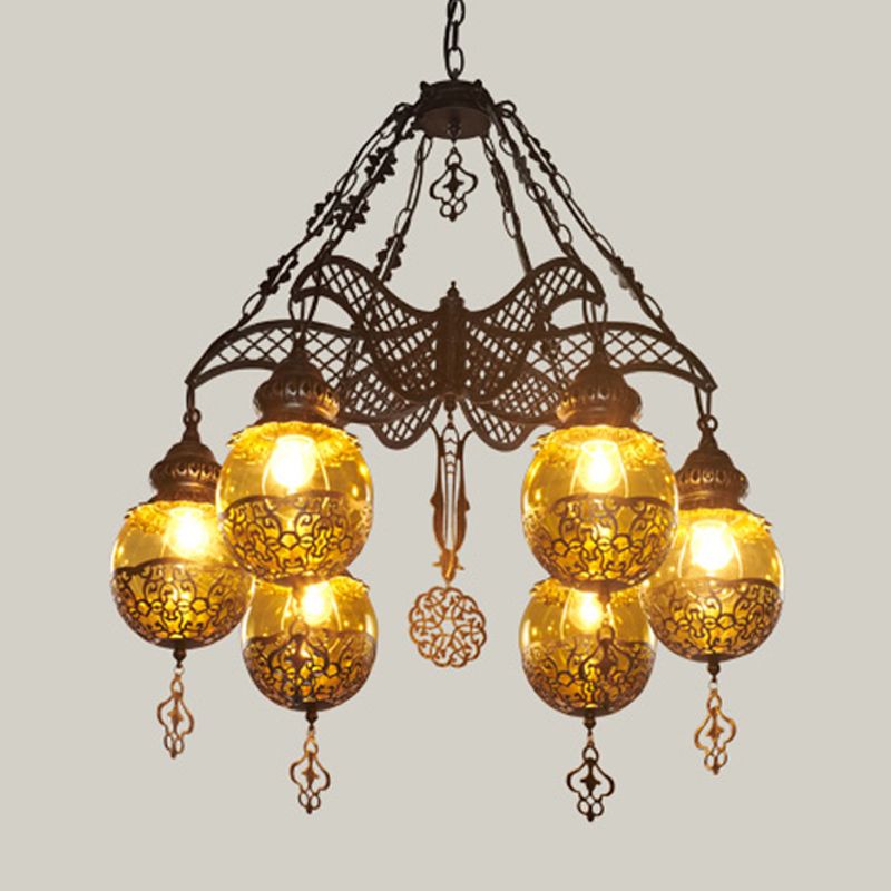 Yellow Glass Spherical Hanging Chandelier Moroccan 3/6/8 Lights Restaurant Suspension Lighting