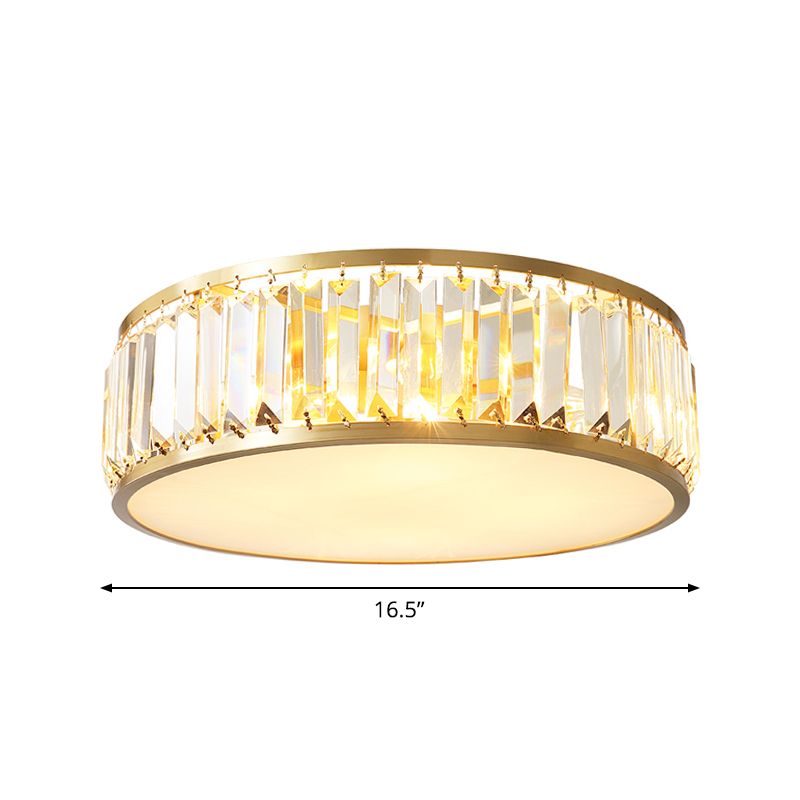 Crystal Drum Flush Mount Lamp Simplicity 3/4/5 Bulbs Bedroom Ceiling Light in Gold, 12.5"/16.5"/23.5" Wide