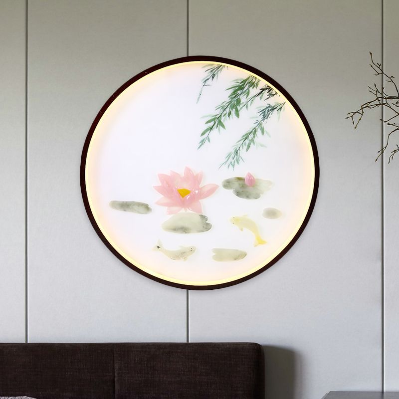 Pink Lotus Mural Wall Lighting Ideas Asian Acrylic Integrated LED Flush Mount Wall Sconce
