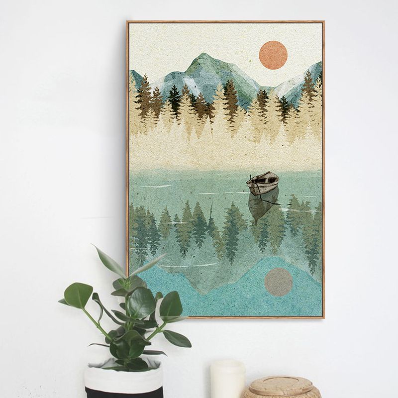 Toile d'art pour enfants, bord de rivière, forêt, couleur douce, décor mural de paysage naturel