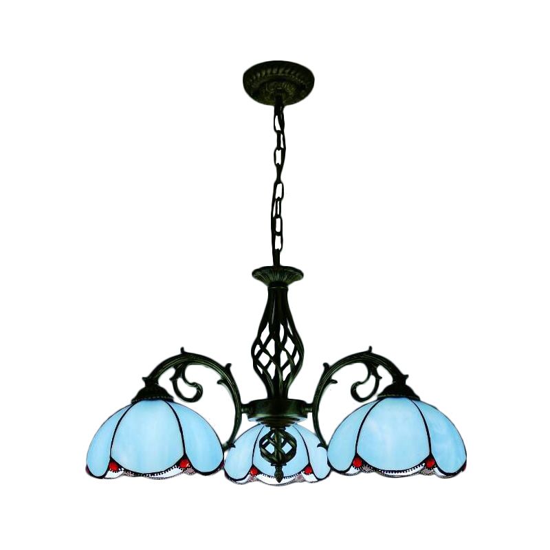 Lampadario Tiffany, lampada a sospensione a soffitto floreale a 3 luci per tavolo da pranzo con catena regolabile in blu