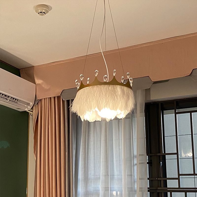 Crown Child Room Chandelier Lamp Feather 1 Bulb Minimalist Pendant Lighting in White with Crystal Accents