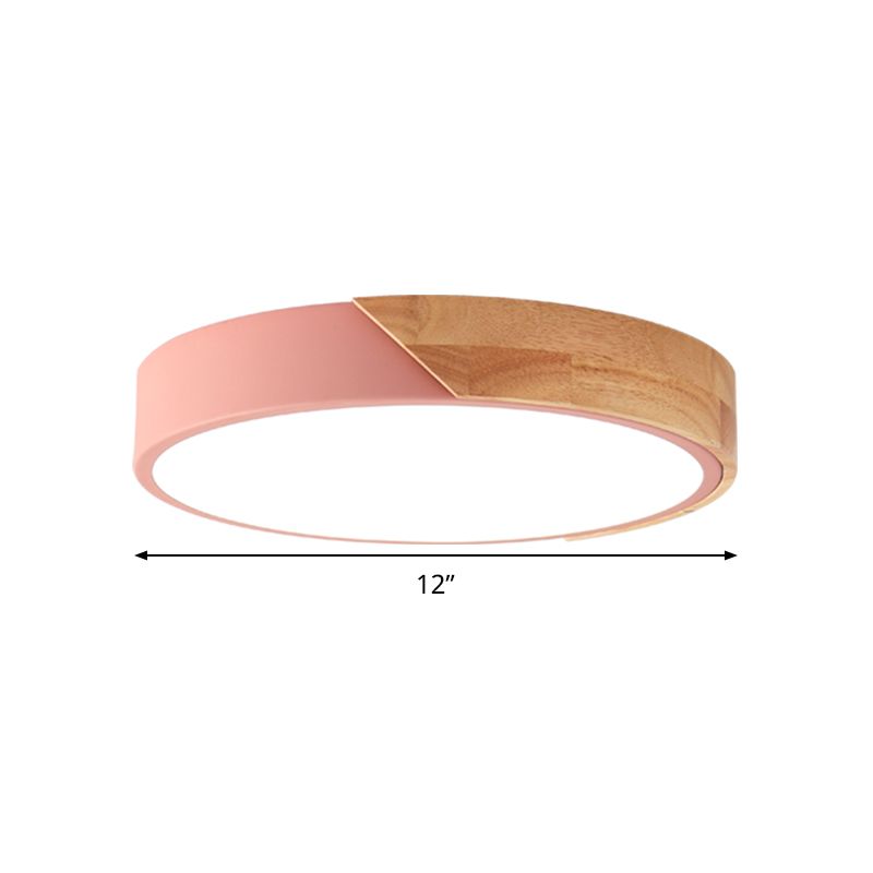 Round Flush Light Modernist Metal LED Pink/White Ceiling Mounted Fixture with Acrylic Diffuser, 12"/16"/19.5" Wide