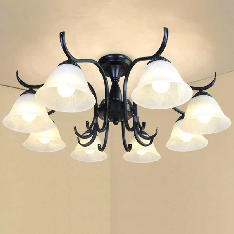 Zwarte belvormige semi -spoeling mount vintage opaalglas woonkamer dicht bij plafond kroonluchter