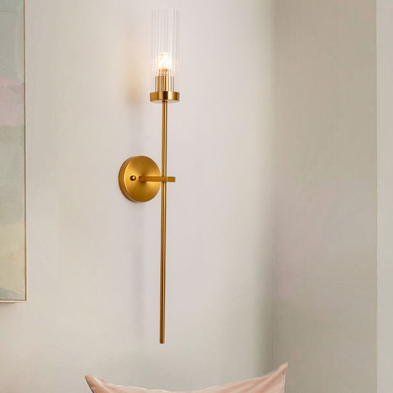 1-Light Torch Design Wall Light, Brass Finish with Cylinder Shaped Glass Shade