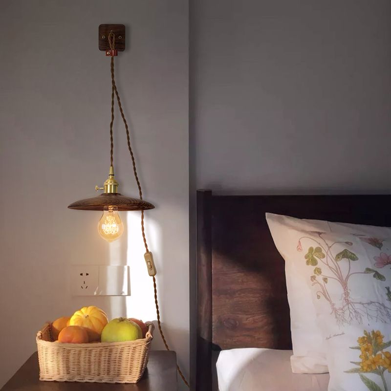 Wood Tray Plug-In Wall Lighting Ideas Rural 1 Bulb 8"/10" Wide Bedside Sconce Light in Brown with Extra Long Wire Cord