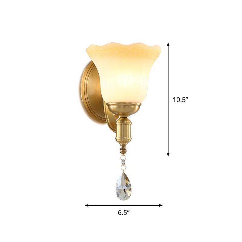 Blossom Opaque Glass Wall Lamp Retro Style 1/2-Head Gold Wall Lighting Ideas with Crystal Drop