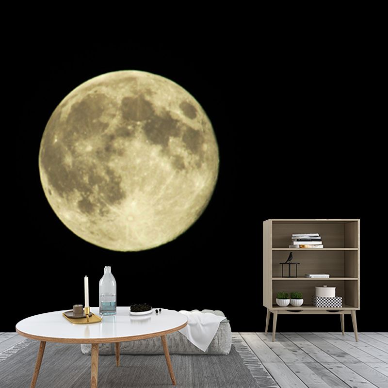 Minimalist Full Moon Wallpaper Mural Black-Yellow Planetary Wall Art, Non-Woven Fabric