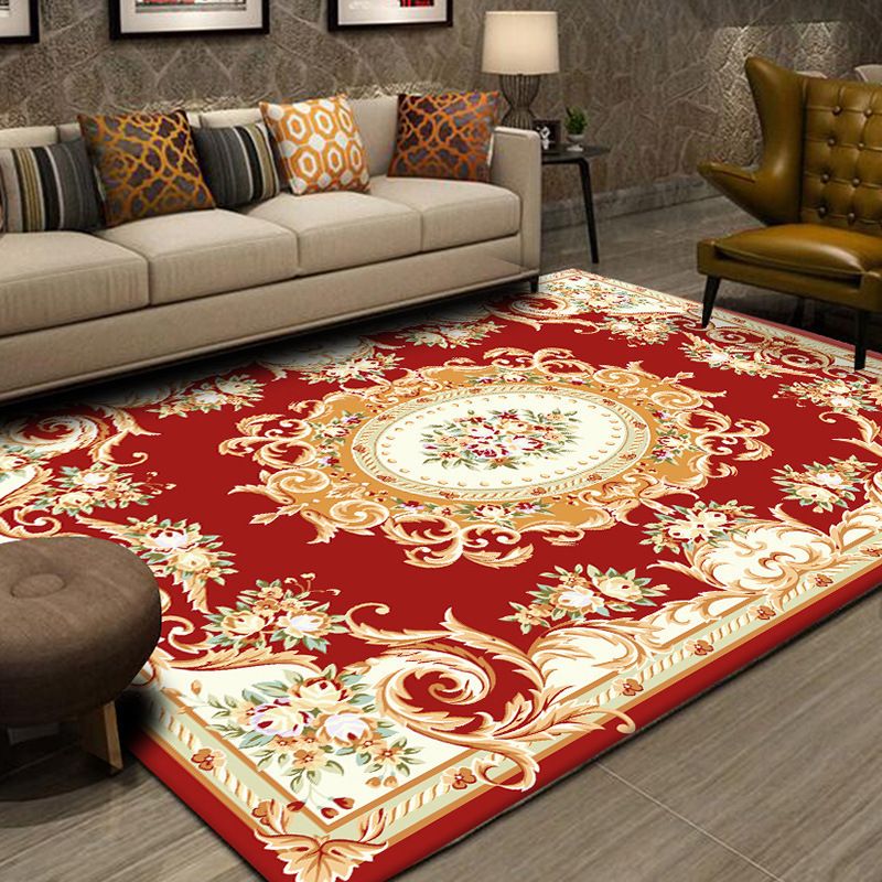 Red European Carpet Flower Pattern Polyester Area Rug Non-Slip Backing Rug for Home Decor