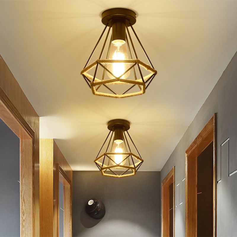 Black 1 Bulb Semi Flush Mount Light Lodge Style Metal and Rope Globe/Diamond Cage Ceiling Fixture for Hallway
