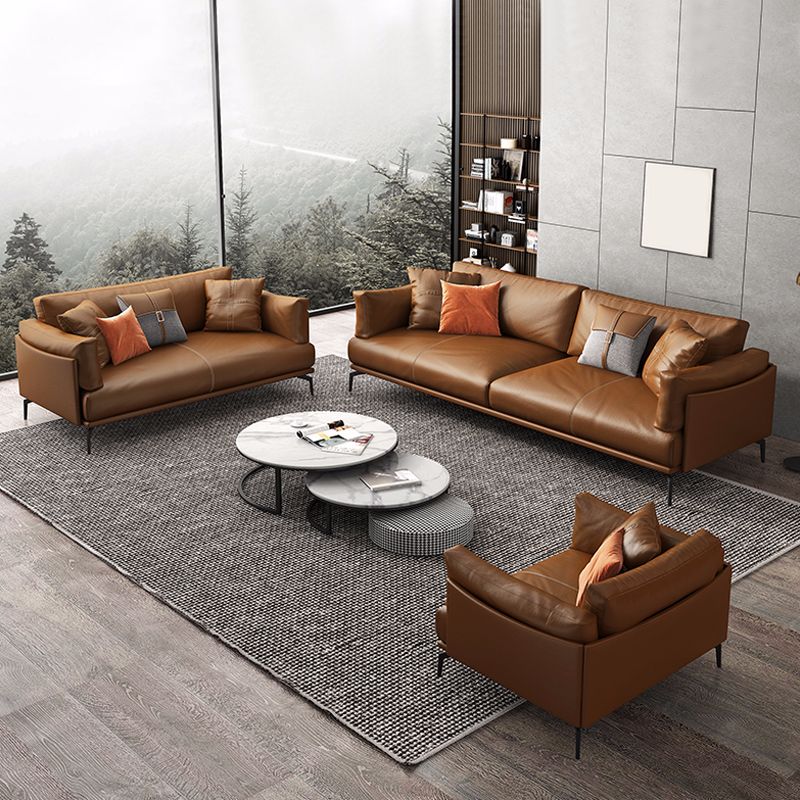 Contemporary Brown Cushions Standard Pillow Top Arm Genuine Leather Sofa