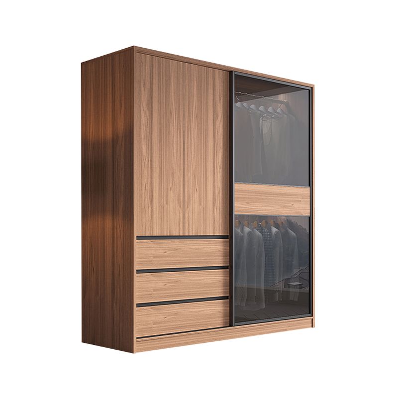 Glass and Wood Wardrobe Cabinet Brown Wardrobe Armoire with Garment Rod
