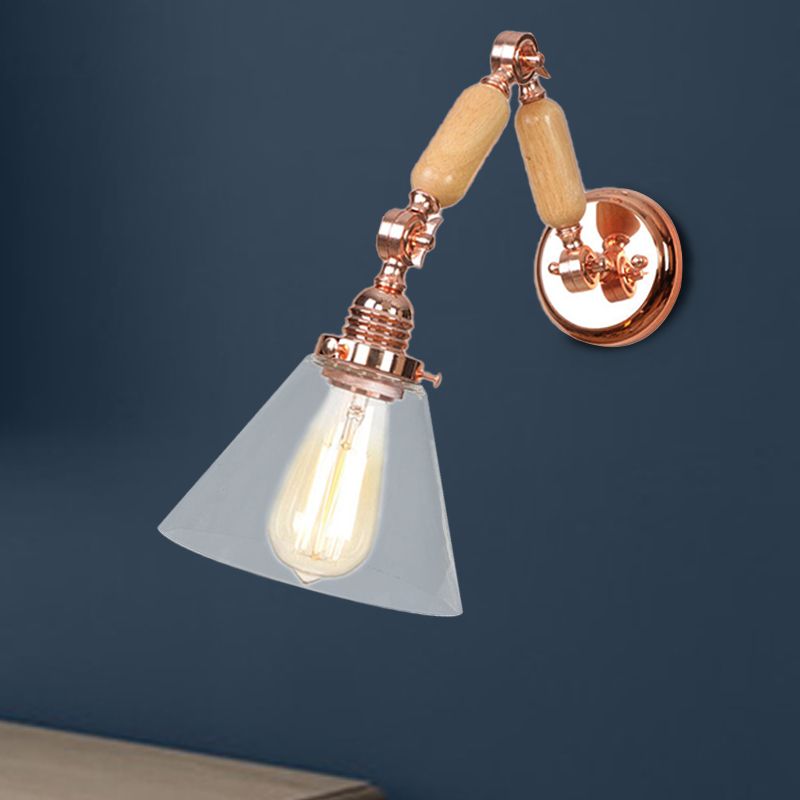 Kegelschatten Schlafzimmer Leuchte Leuchte Vintage klares Glas 1 helle Holzwandlampe mit langen Arm