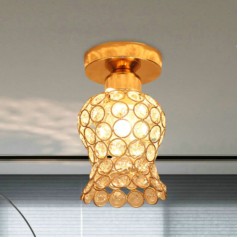Beveled Crystal Floral Flush Mount Simplicity 1-Head Balcony Close to Ceiling Lighting Fixture in Gold