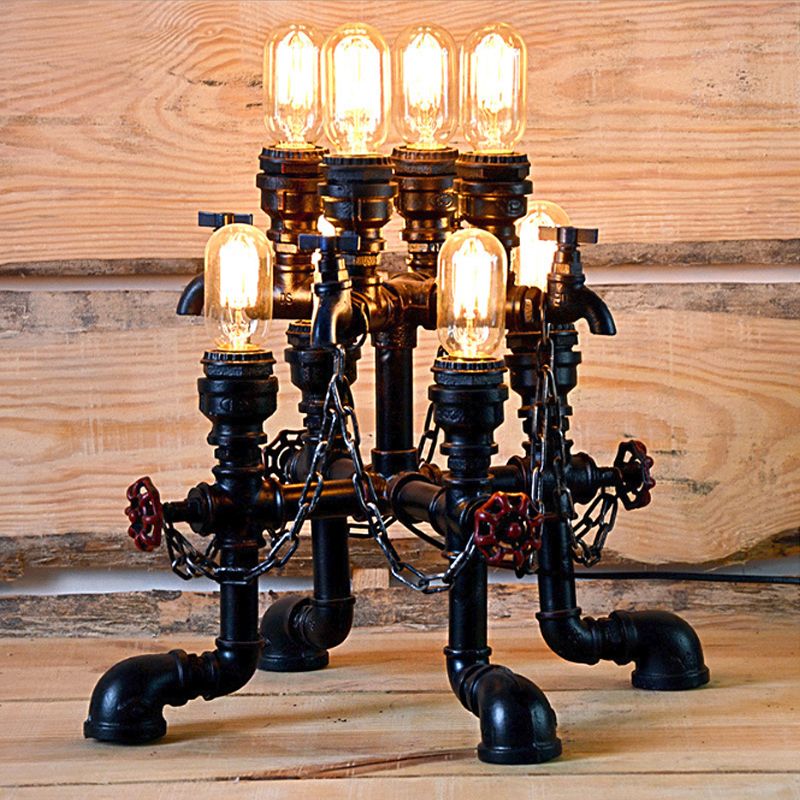 Steampunk Open Bulb Table Lamp Multi Light Metallic Table Lighting in Black for Restaurant, 8.5"/14" Width