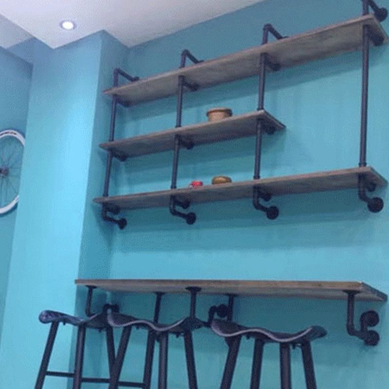 Industrial Wall Mounted Bookshelf with Black Iron Frame Pine Wood Shelf